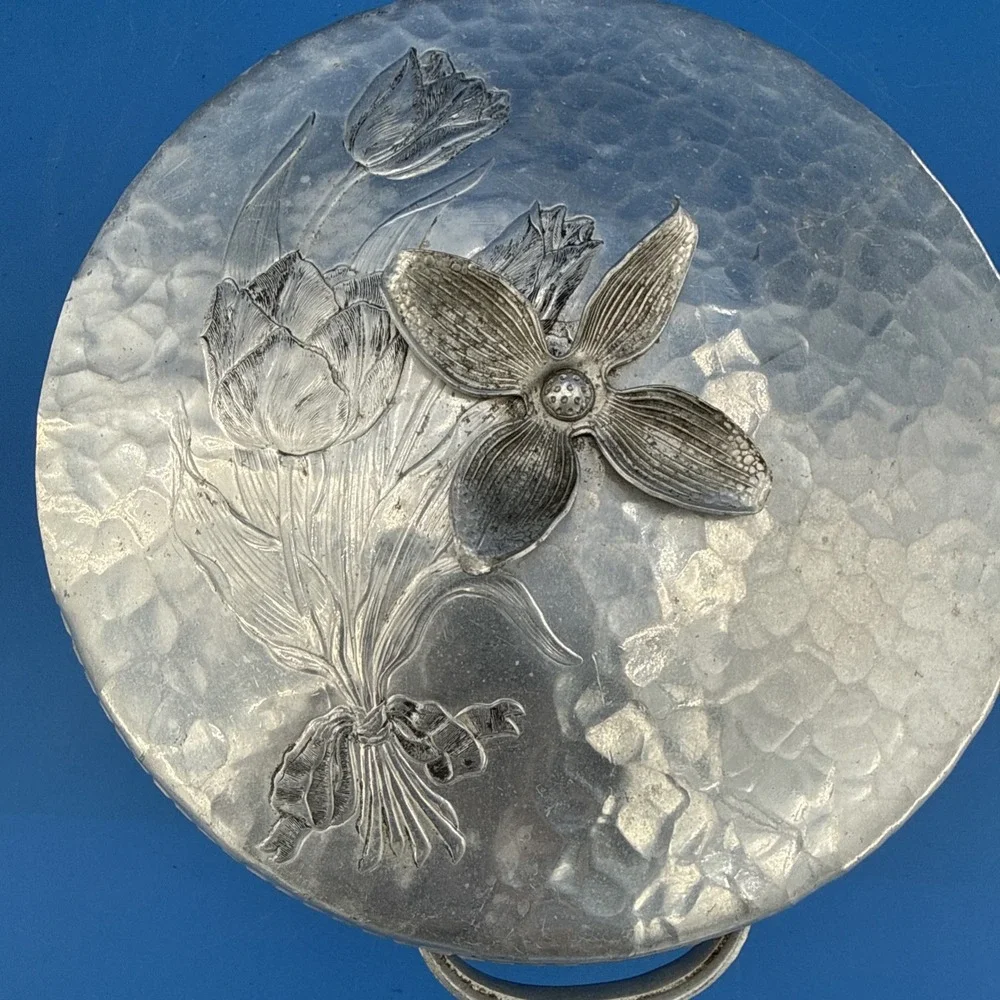 Vtg Hammered Aluminum Covered Dish Tulip Design HandWrought Creations-Rodney Ken